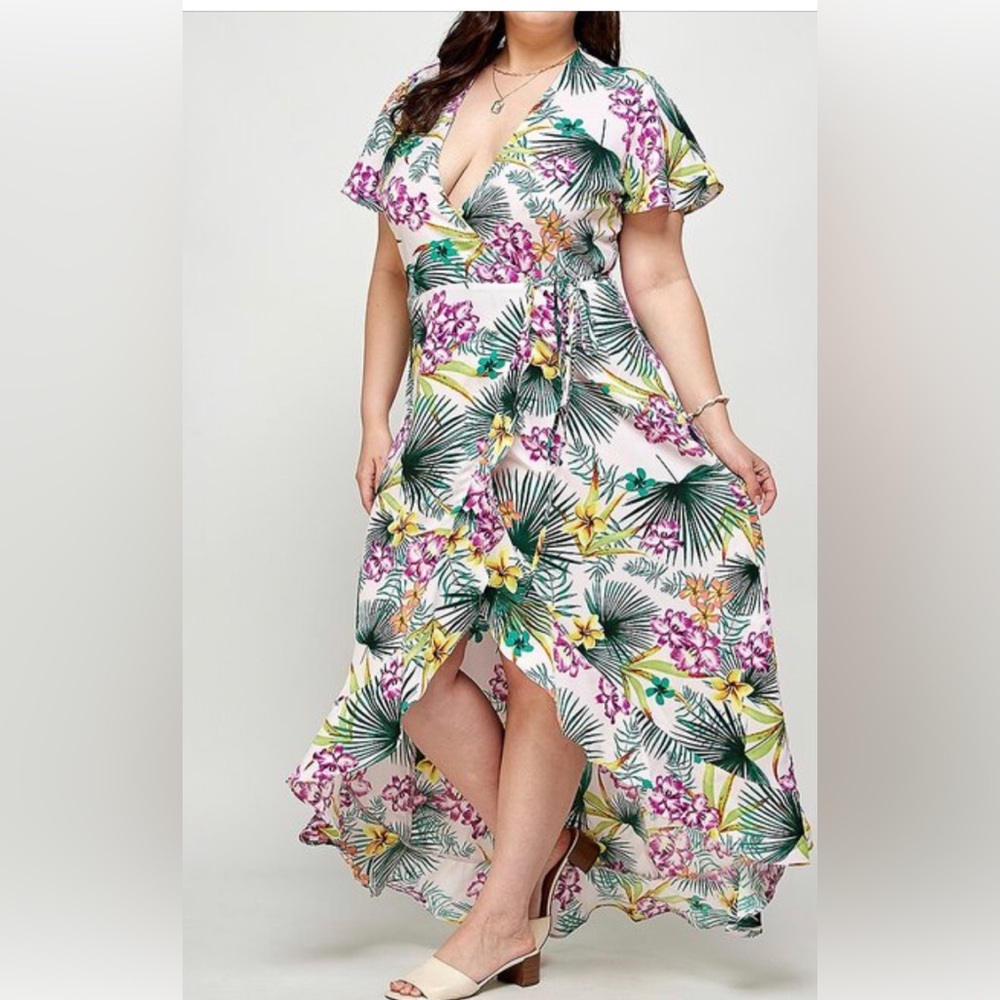 NWT Purple White Multi Tropical Print V Neck Plus Size Wrap Dress Bohemian